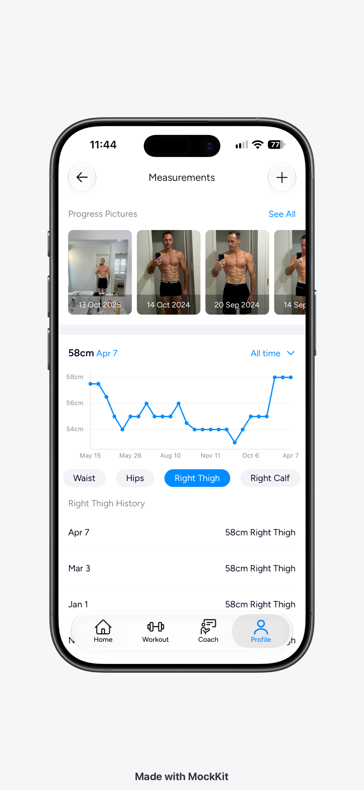 HEVY measurements screen showing progress photos and a measurement history chart